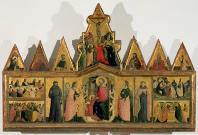 Políptico: panel central que representa a la Madonna y el Niño entronizados con Ángeles y Santos rodeados de paneles que representan escenas de la vida de Cristo, frontones triangulares que representan santos, ángeles y... de Giovanni Baronzio da Rimini